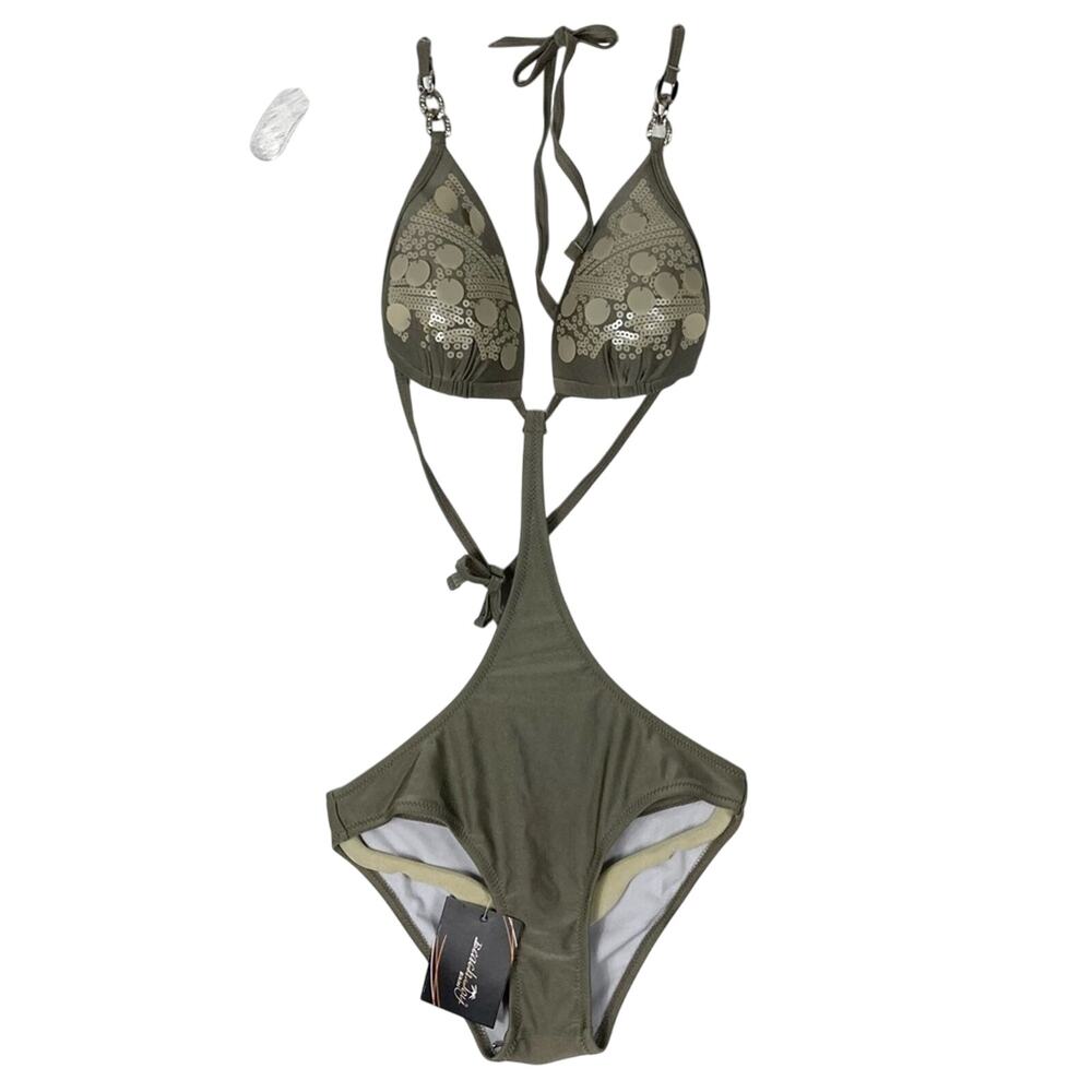 NWT BEACH JOY Swimsuit One-Piece S Sequins Gems-Rings Shimmer-Olive/Grey Padded